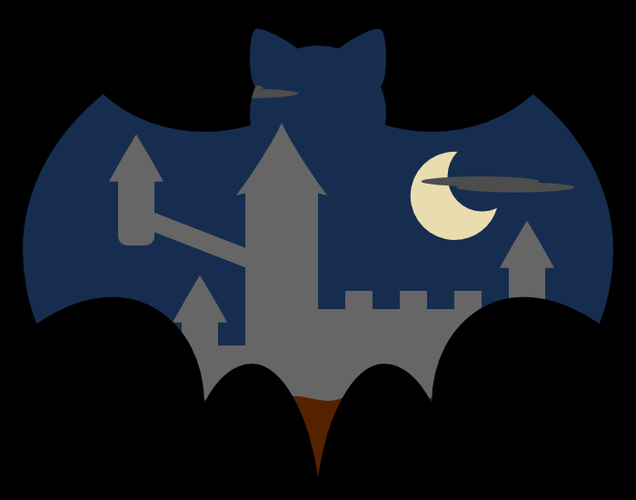 A castle sits below a dark sky with a crescent moon, all surrounded by a black bat silhouette