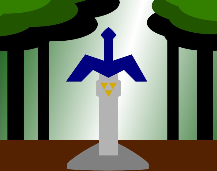 A sword stands, stuck in a pedestal, with a forest in the background