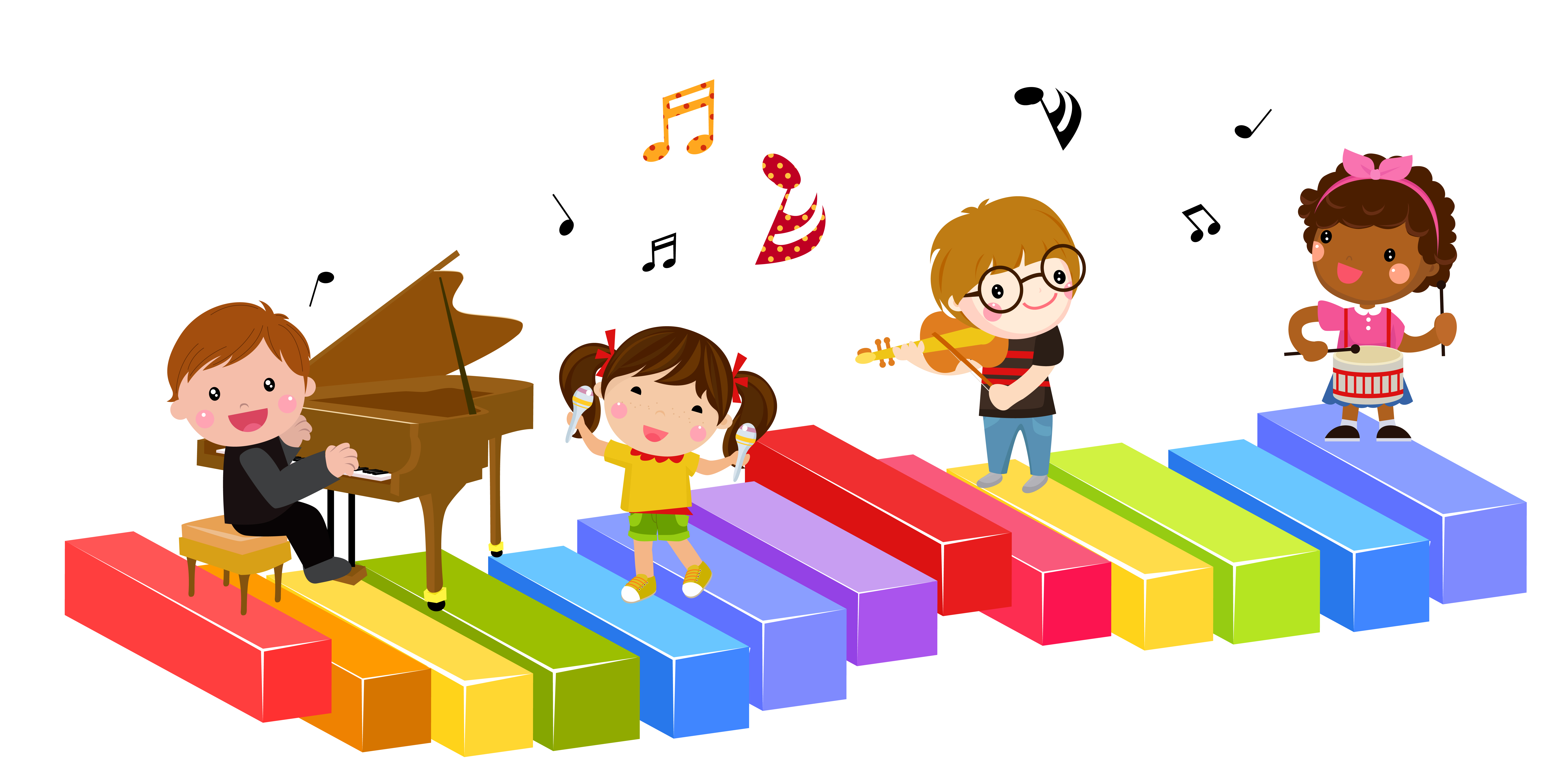 children on colorful keyboard playing different instruments