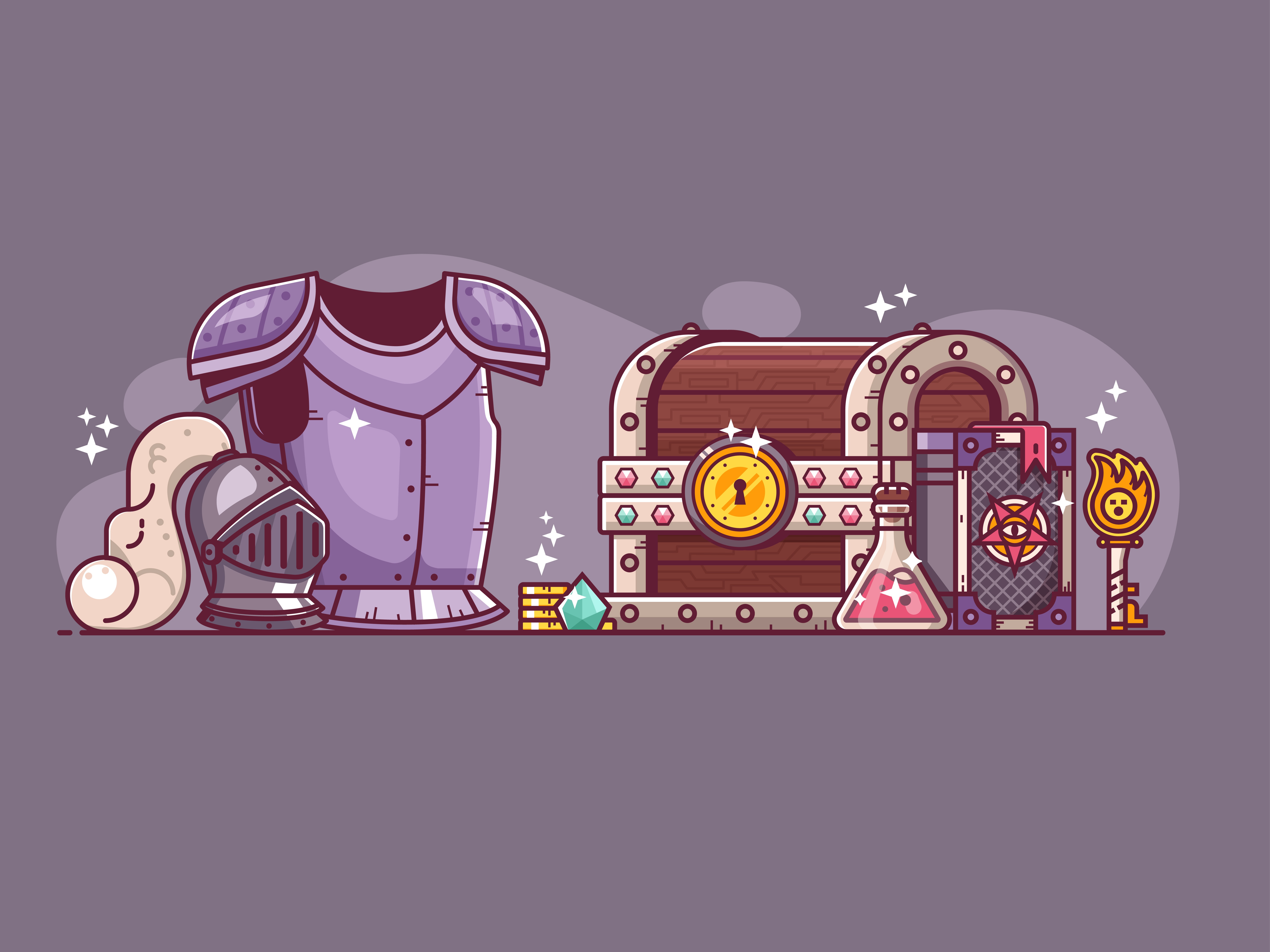 armor, treasure chest, spell bok, etc. RPG loot.