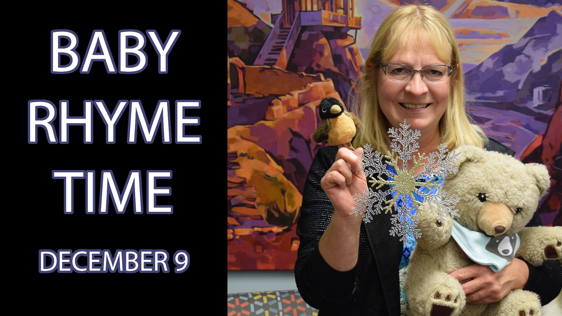 A woman holding various stuffed animals next to the text "Baby Rhyme Time December 9"