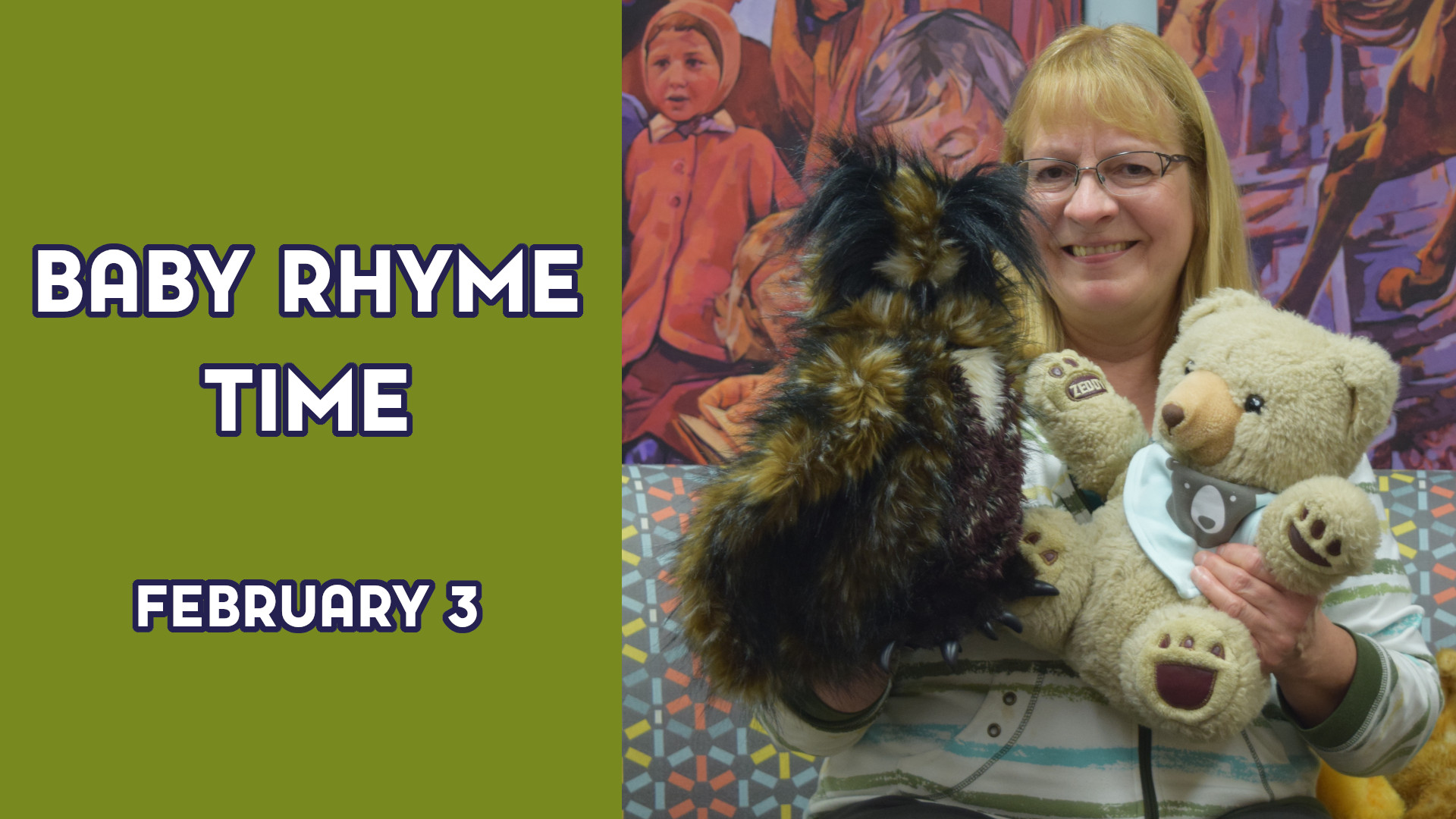 A woman holds puppets next to the text "Baby Rhyme Time February 3"
