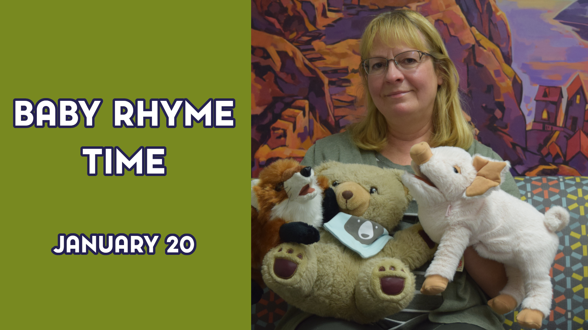 A woman holds up puppets next to the text "Baby Rhyme Time January 20"