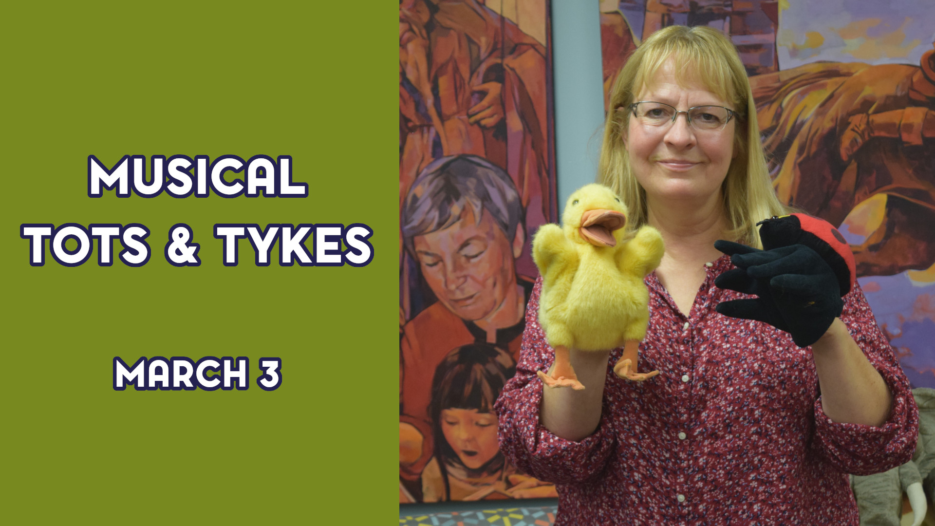 A woman holds stuffed animals next to the text "Musical Tots & Tykes March 3"