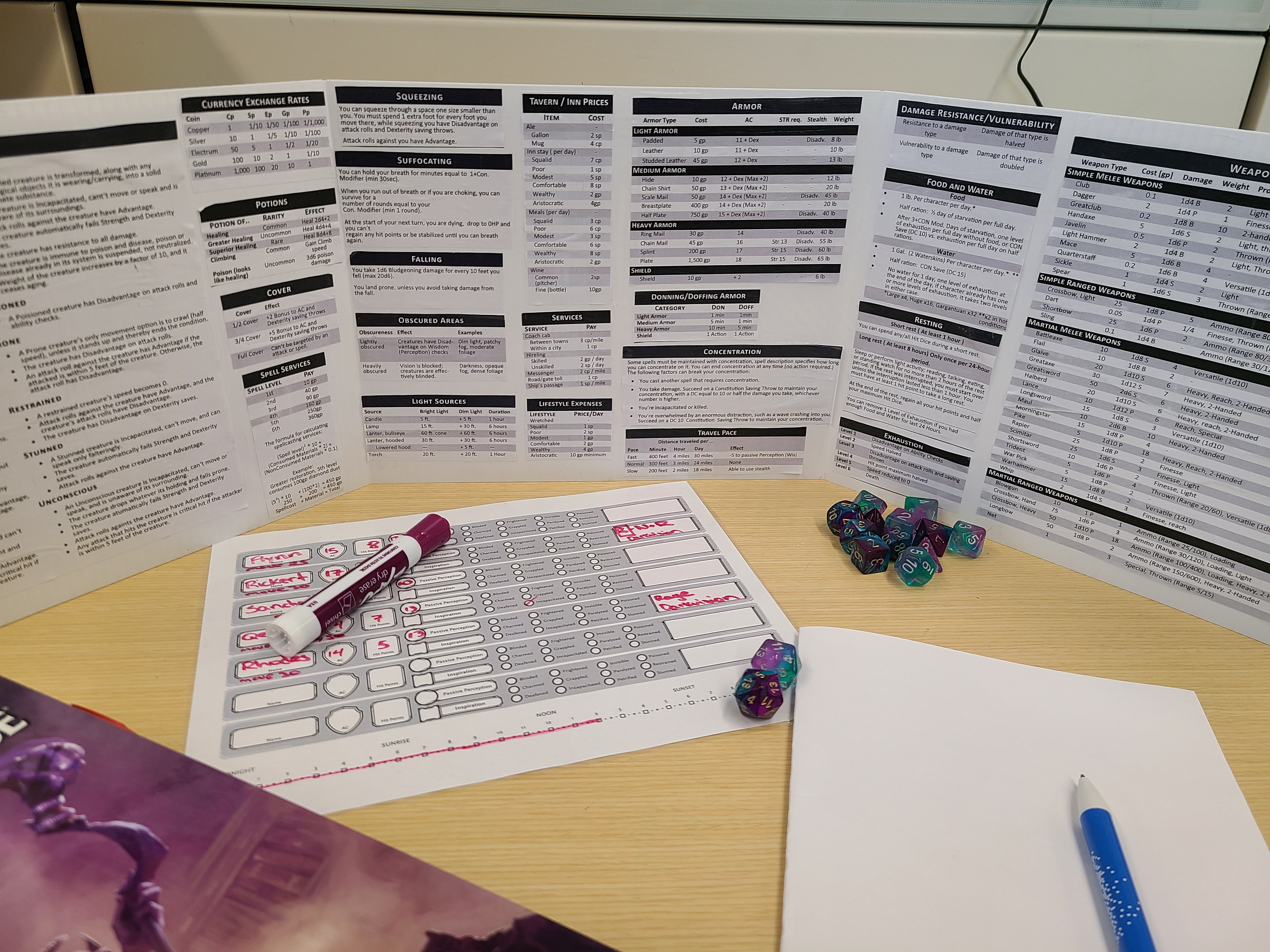 dm screen with dice and notes