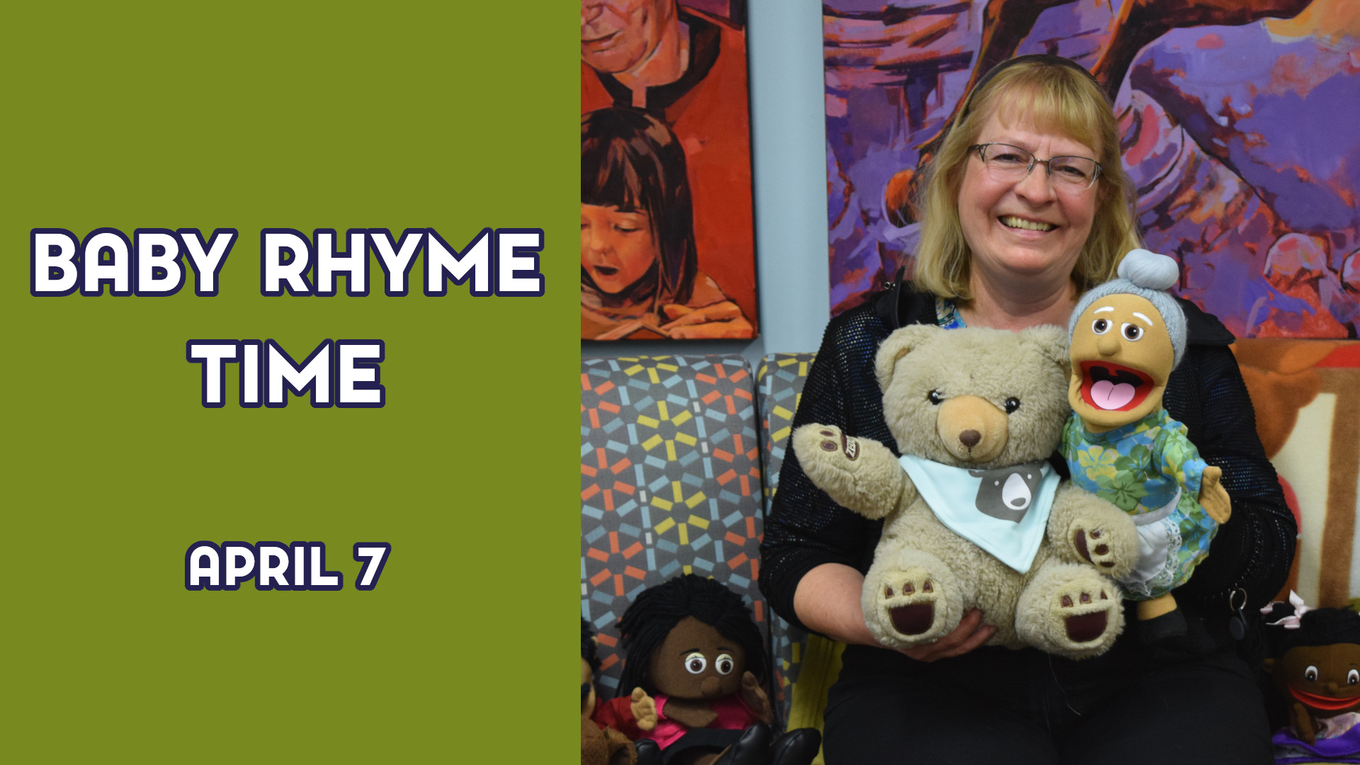 A woman holds a stuffed bear next to the text "Baby Rhyme Time April 7"