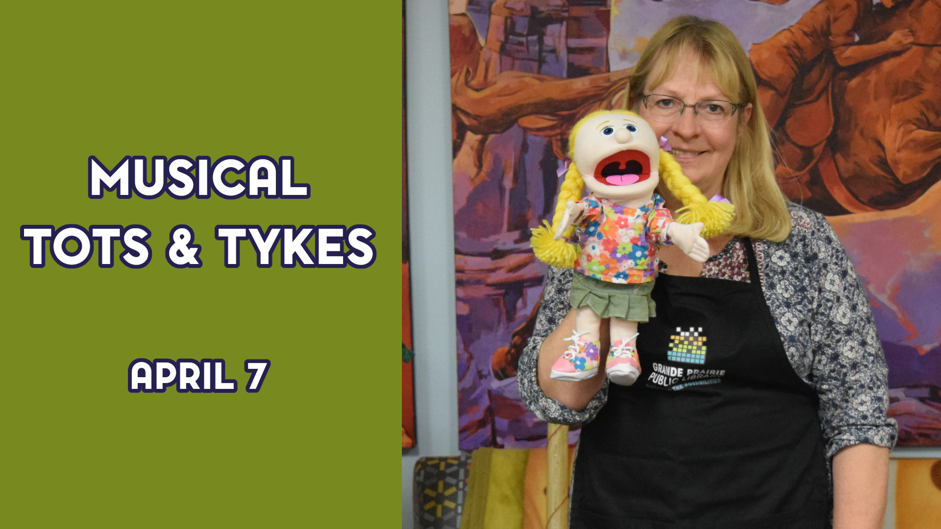 A woman holds a puppet next to the text "Musical Tots & Tykes April 7"