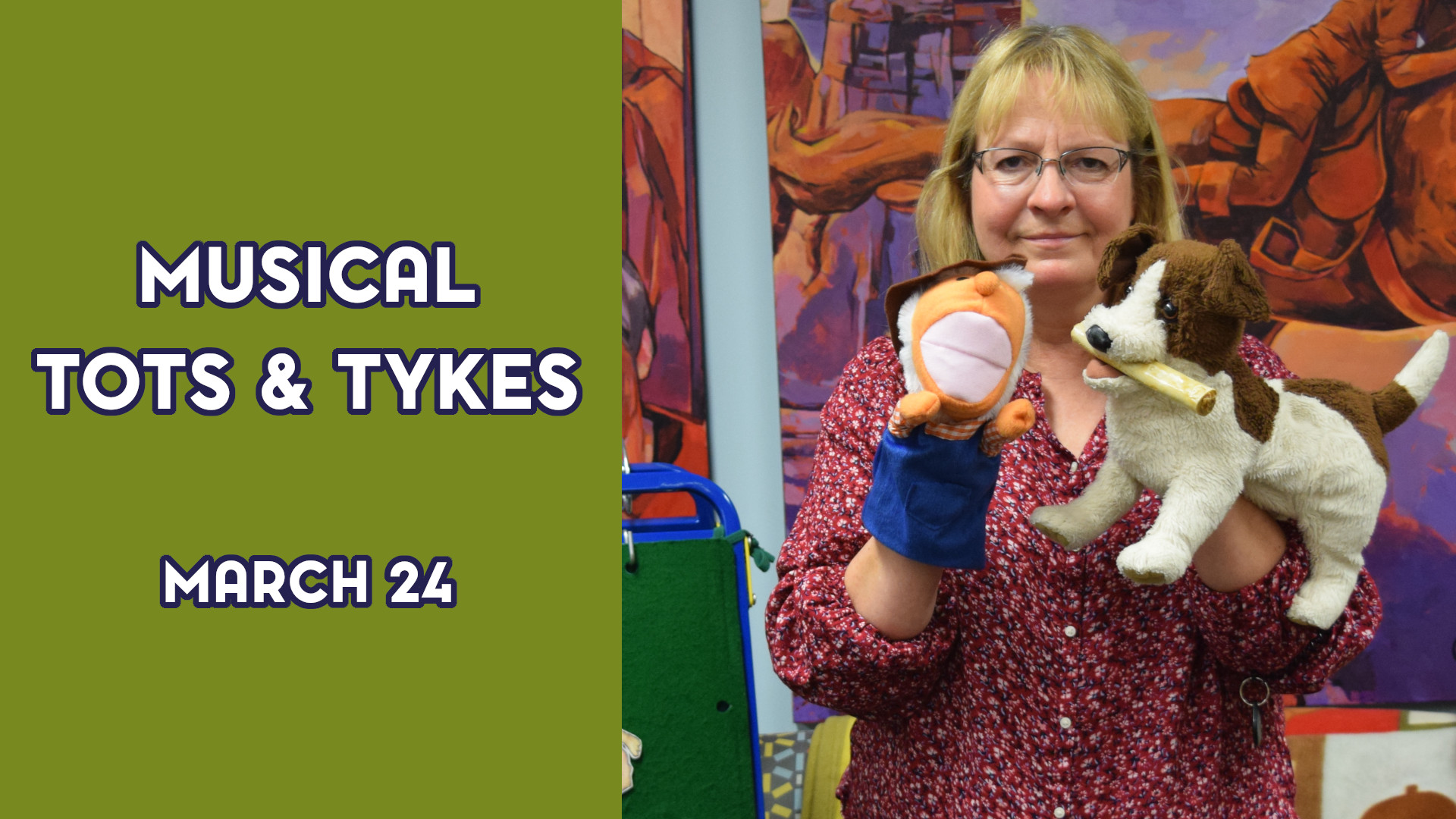 A woman holds stuffed animals next to the text "Musical Tots & Tykes March 24"