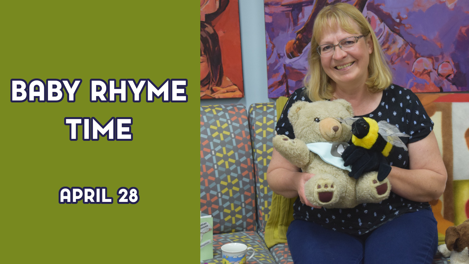 A woman holds stuffed animals next to the text "Baby Rhyme Time April 28"