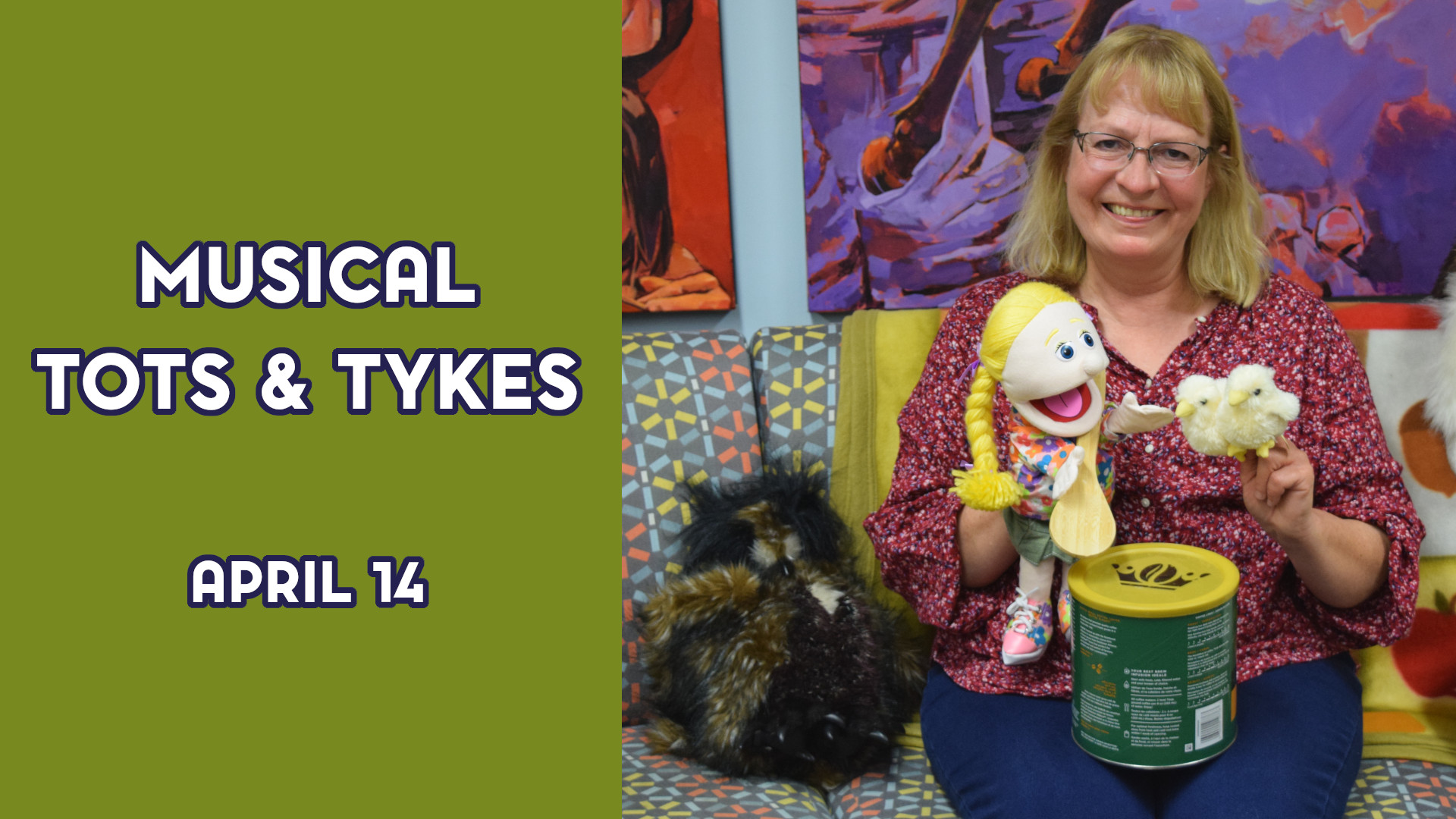 A woman holds a puppet next to the text "Musical Tots & Tykes April 14"