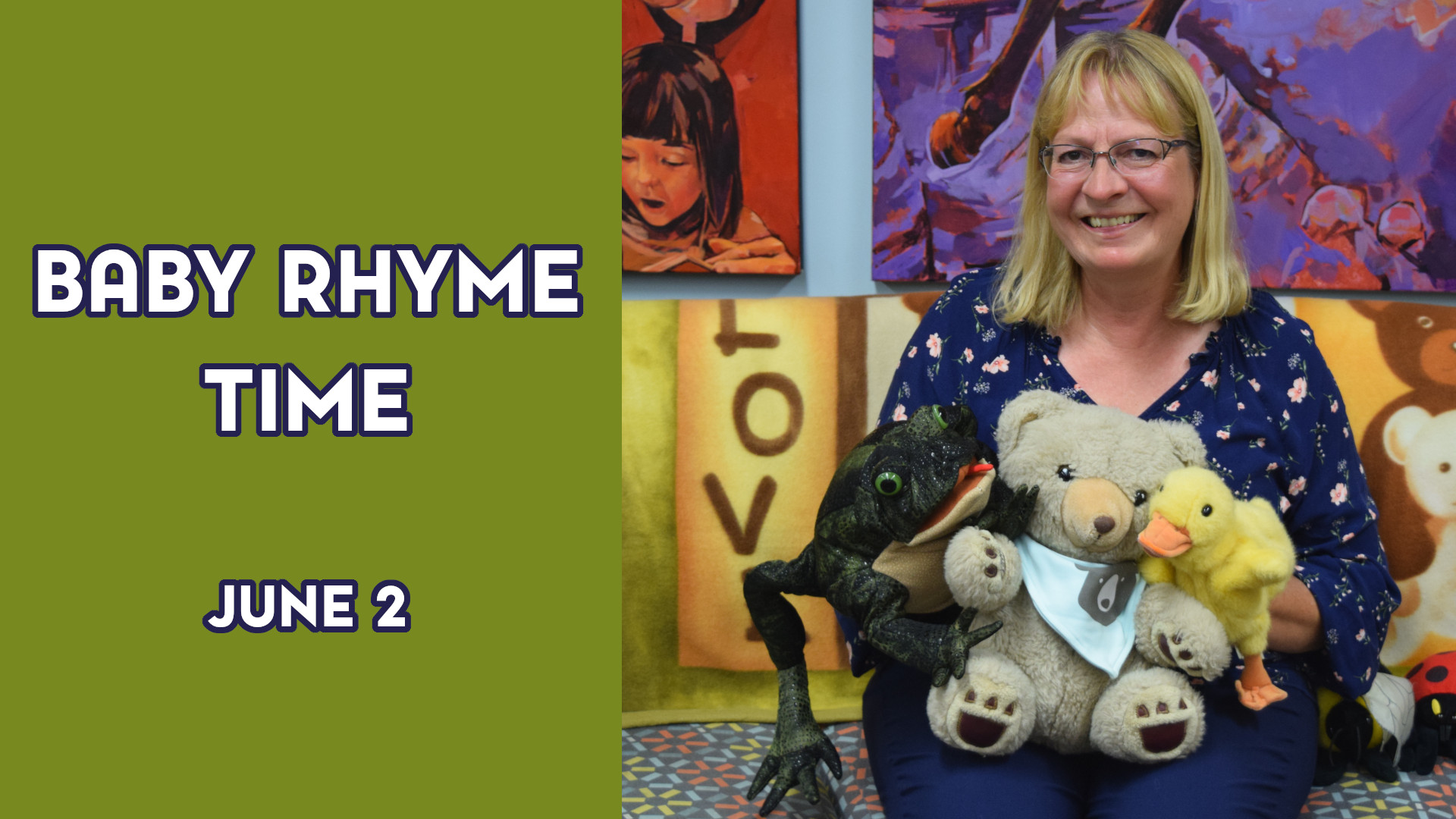 A woman holds stuffed animals next to the text "Baby Rhyme Time June 2"