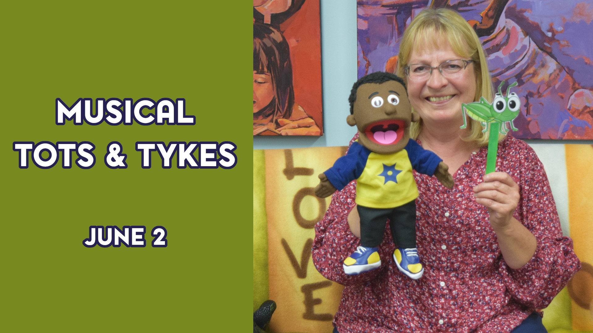 A woman holds puppets next to the text "Musical Tots & Tykes June 2"