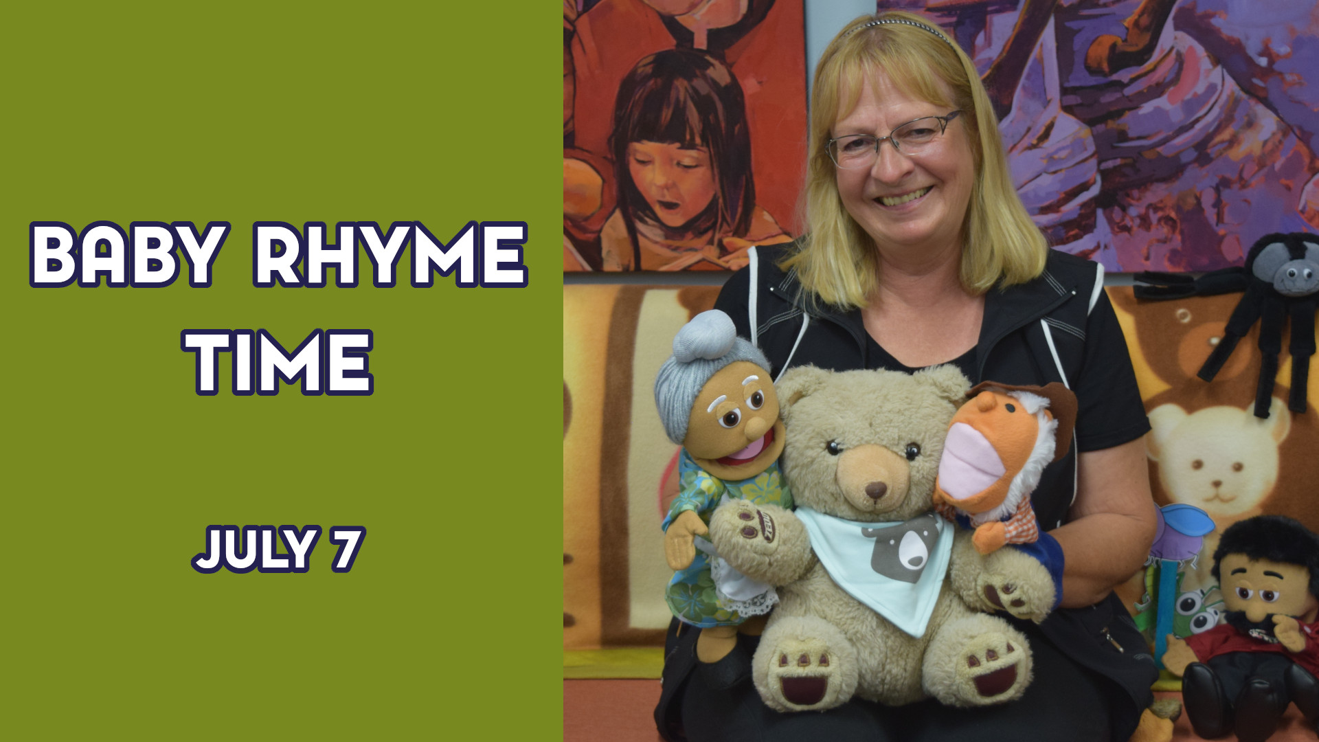 A woman holds stuffed animals next to the text "Baby Rhyme Time July 7"