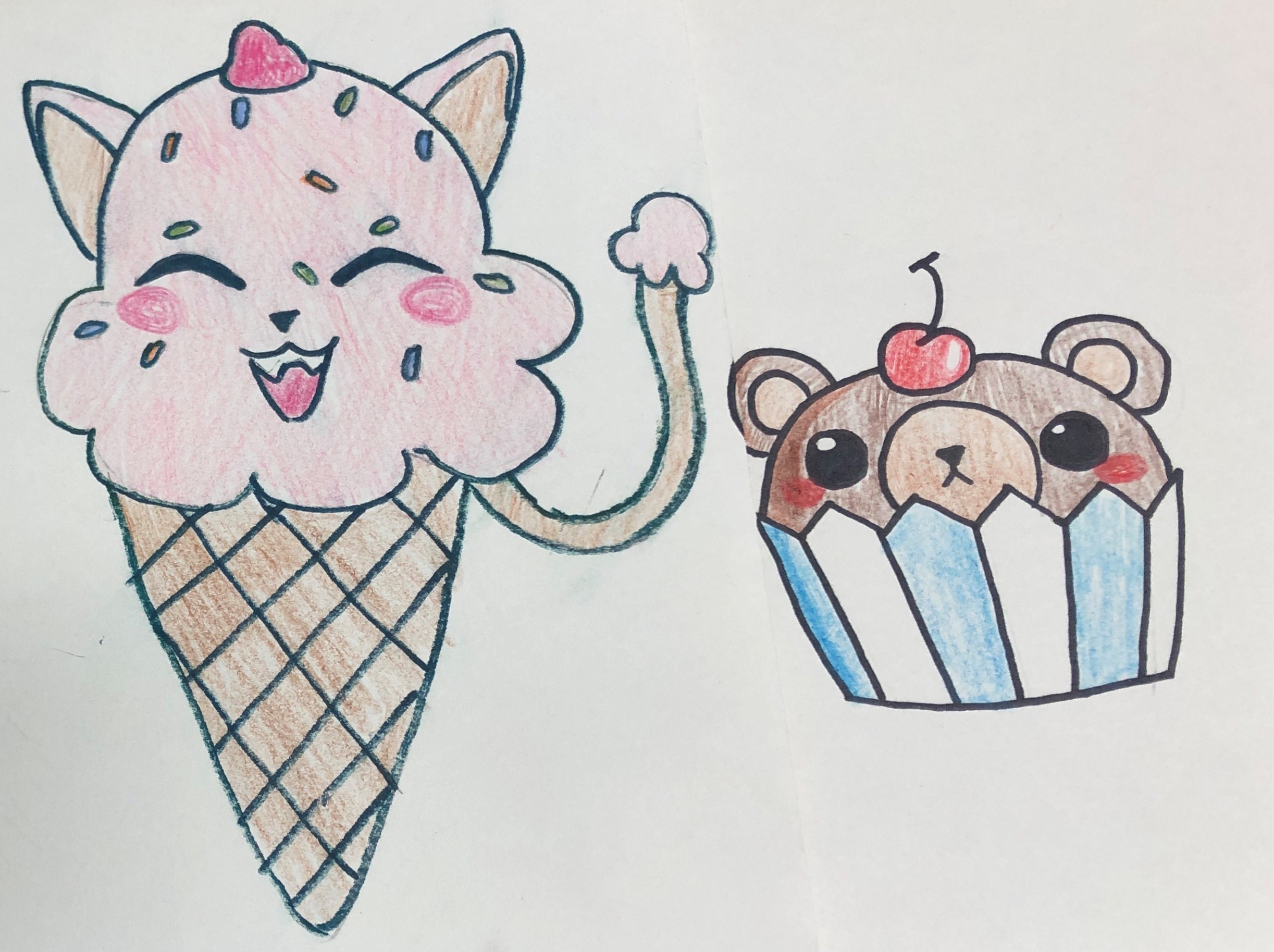 cupcake and ice cream cone with animal ears and faces