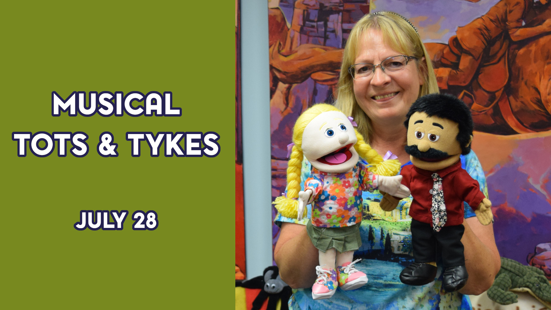 A woman holds stuffed animals next to the text "Musical Tots & Tykes July 28"