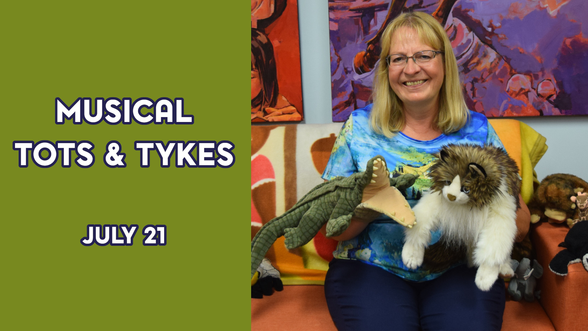 A woman holds puppets next to the text "Musical Tots & Tykes July 21"