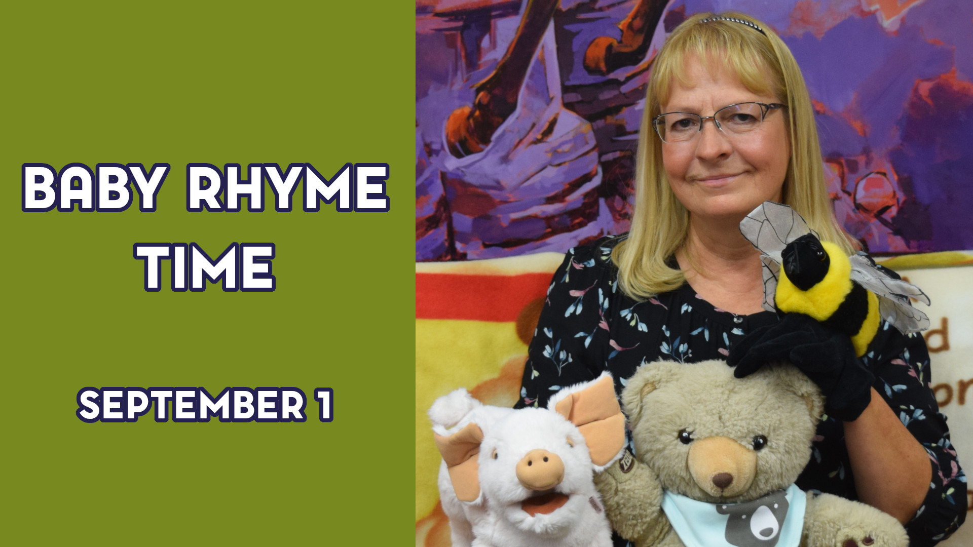 A woman holds stuffed animals next to the text "Baby Rhyme Time September 1"
