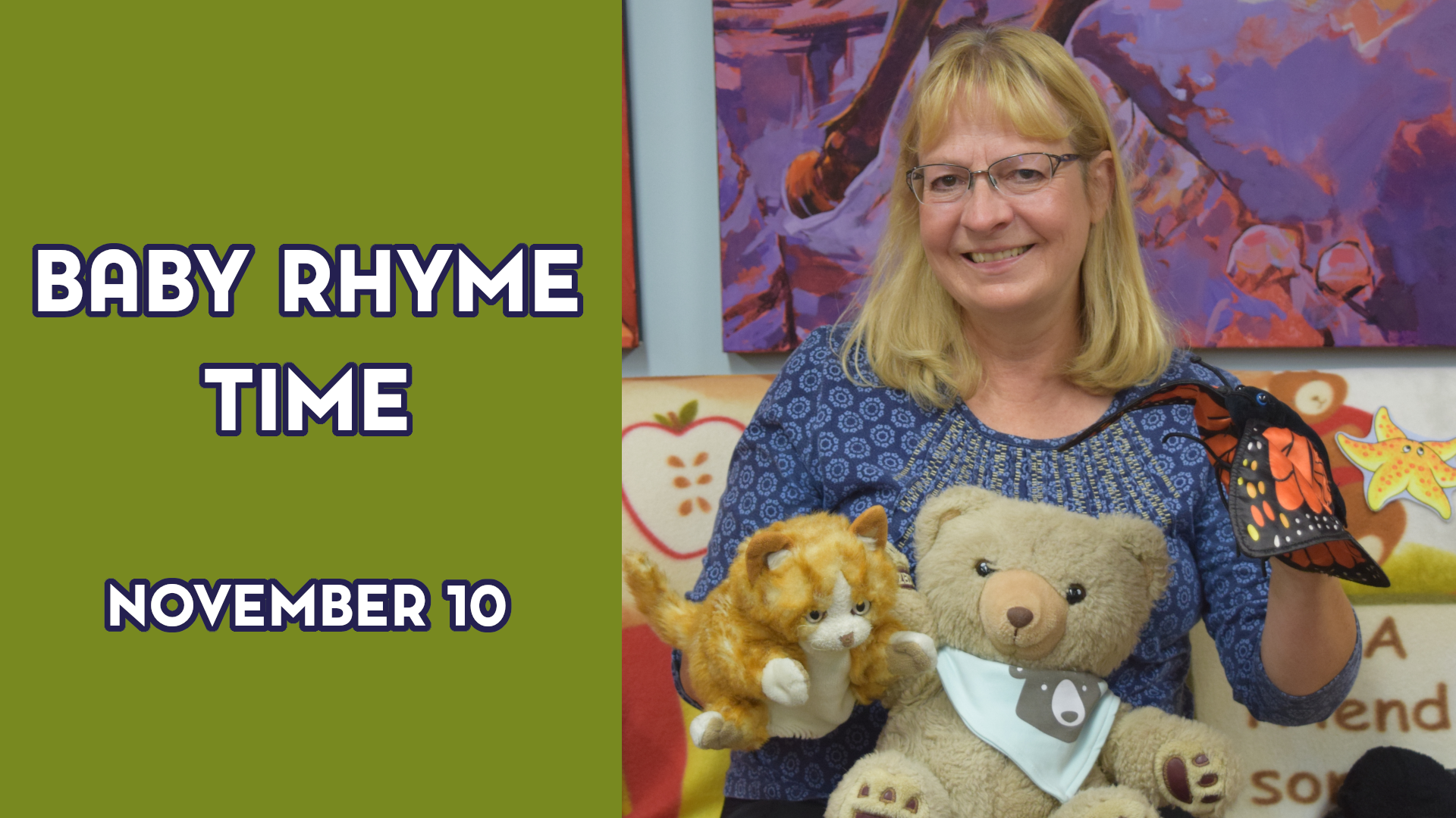 A woman holds stuffed animals next to the text "Baby Rhyme Time November 10"