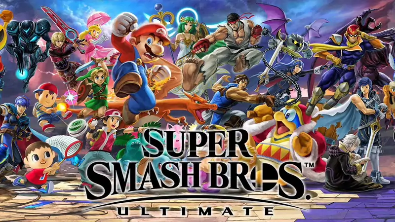 super smash bros ultimate logo and various characters