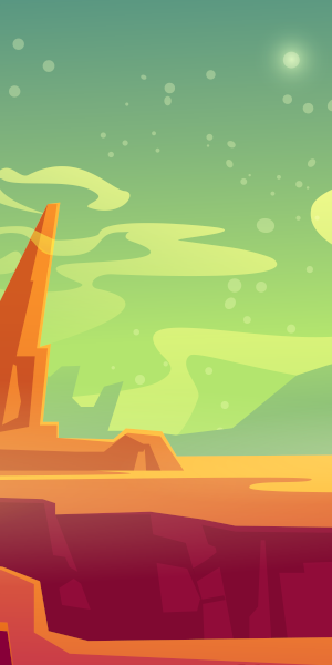 An alien landscape showing orange rocks against a green sky