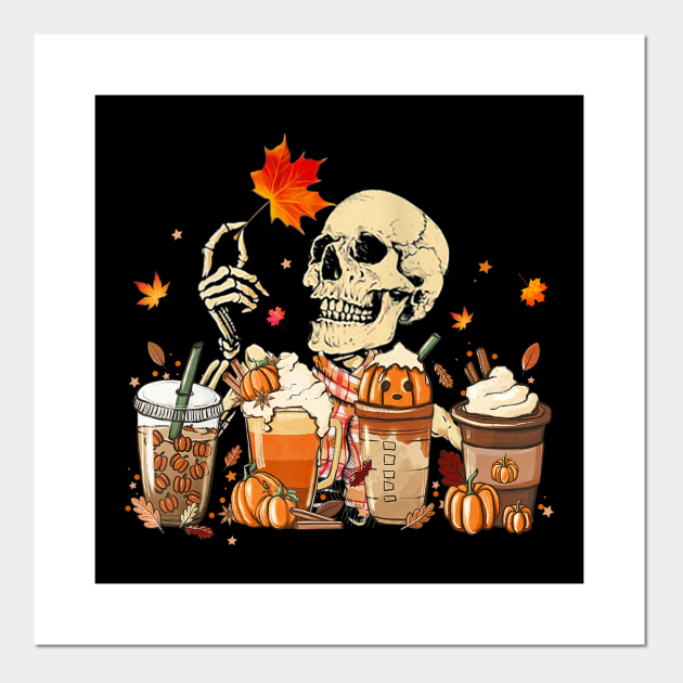 Skeleton with pumpkins and coffee