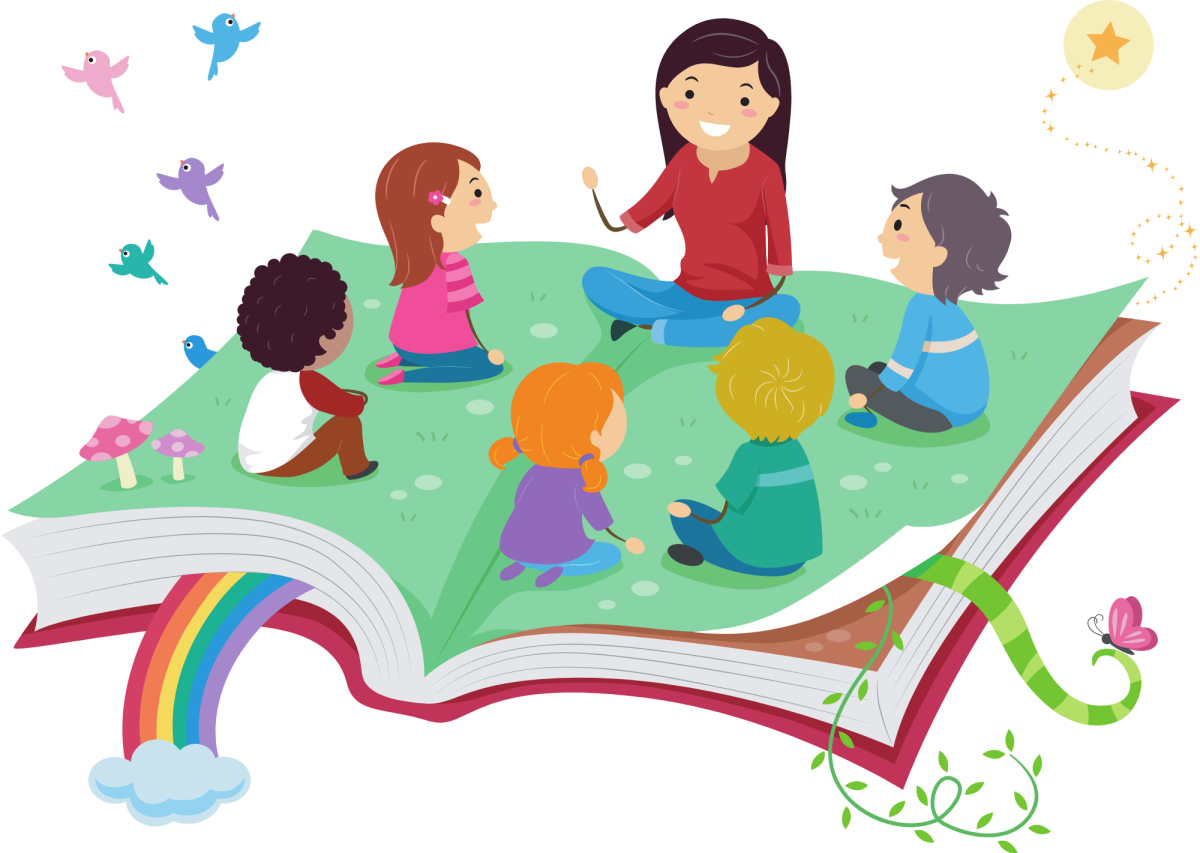 group reading together on a story book
