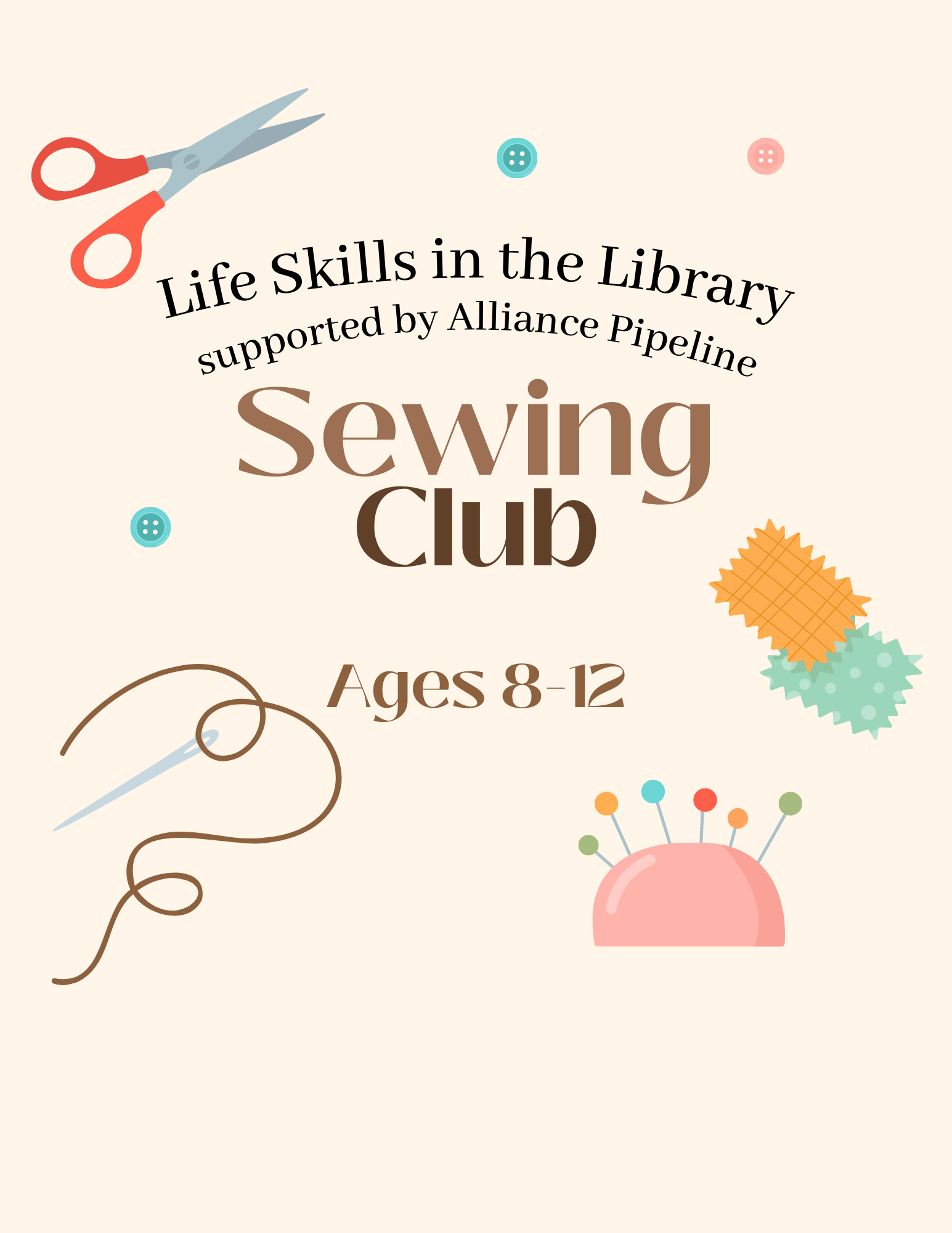 program title, scissors, sewing needle, buttons, fabric, pushpins