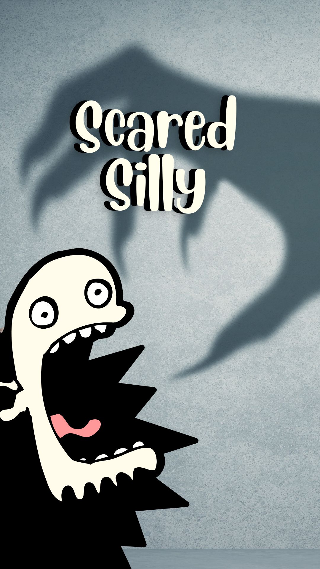 Scary shadow hand reaching for a terrified cartoon ghost who is screaming