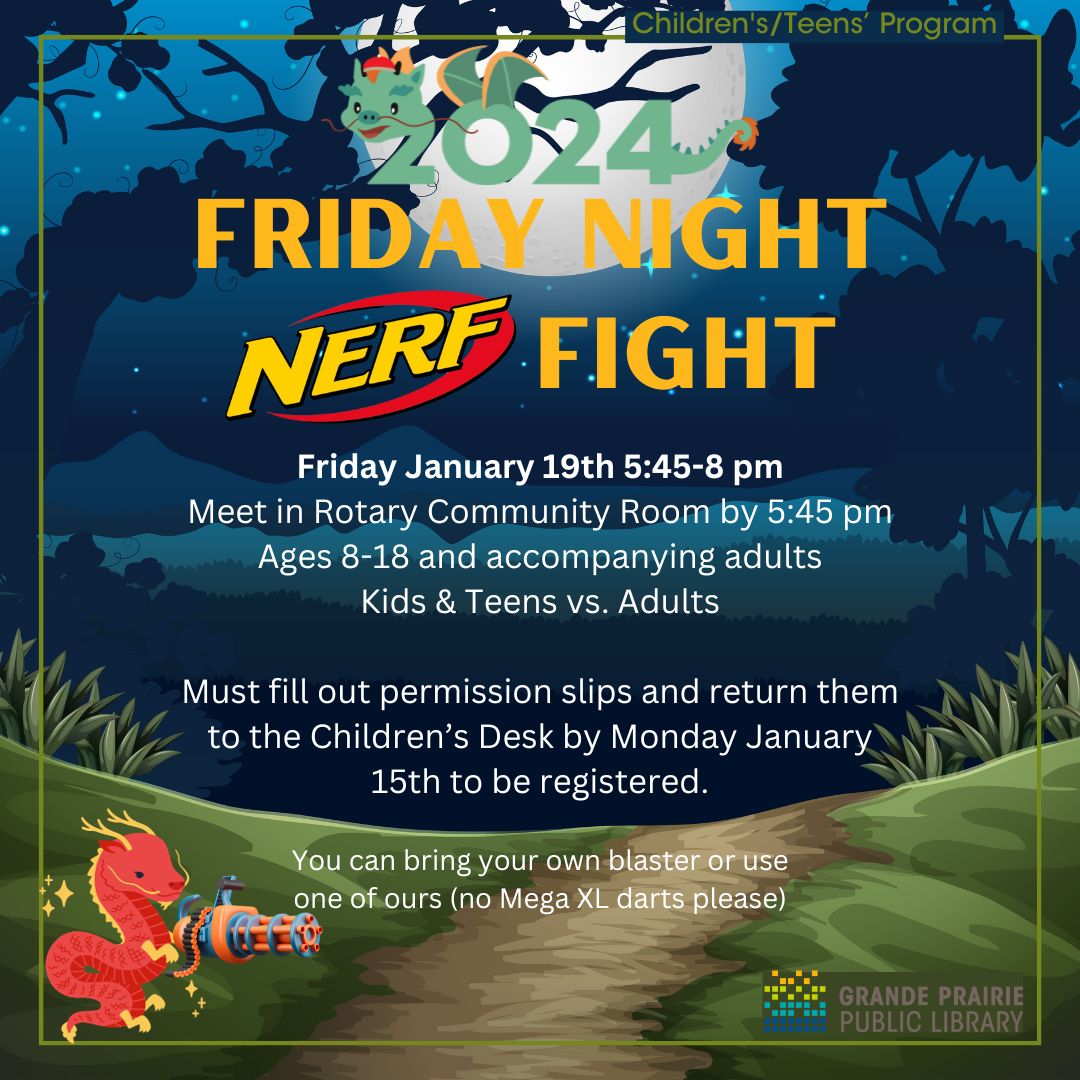poster for the Friday Night Nerf Fight set over a dark forest path by night image. There is a red dragon holding a nerf blaster in the bottom corner.