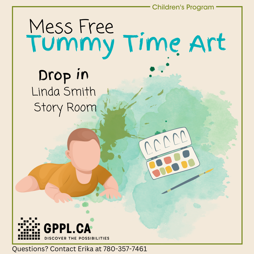tummy time poster with baby and art supplies
