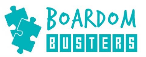 Boardom Busters in teal color, puzzle piece logo