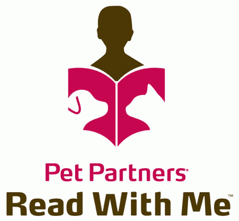 A silhouette of a person holding a book with a dog and cat on the cover, with the text "Pet Partners Read With Me" below