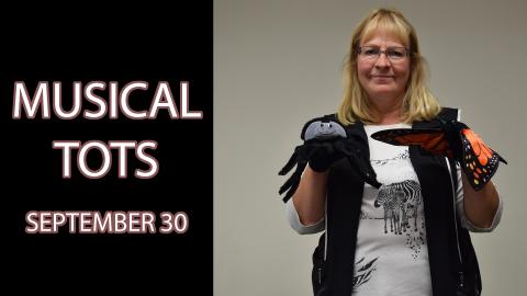 A woman holds two puppets next to the words "Musical Tots September 30"