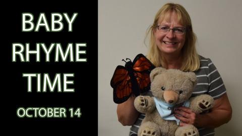 A woman holds a teddy bear and puppet next to the text "Baby Rhyme Time October 14"