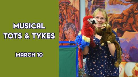 A woman holds stuffed animals next to the text "Musical Tots & Tykes March 10"