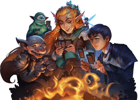 group of fantasy characters playing magic the gathering