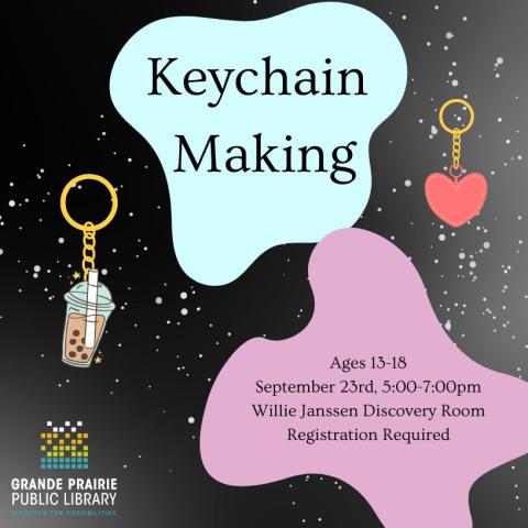 Keychain making, ages 13 to 18, September 23 5:00 to 7:00pm, Willie Janssen Discovery Room, Registration Required, two keychain pictures, library logo