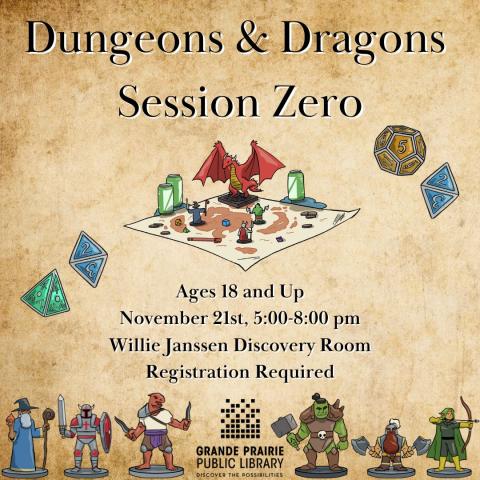 parchment background, Dungeons & Dragons Session Zero, images of dice, figurines, map with characters on it, ages 18 and up, November 21st 5:00pm - 8:00pm, Willie Janssen Discovery Room, Registration Required