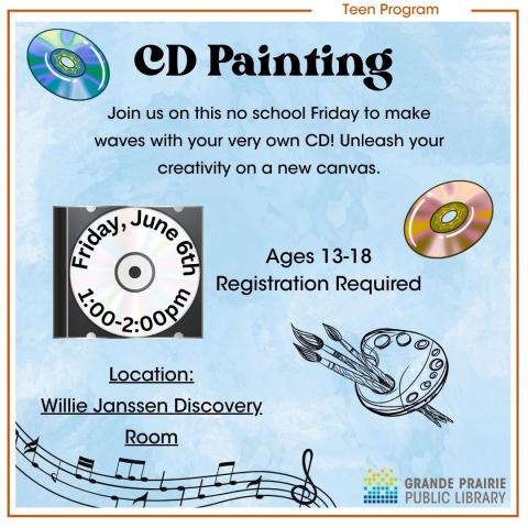 CD Painting, Join us on this no school Friday to make waves with your very own CD! Unleash your creativity on a new canvas, ages 13-18 registration required, location: Willie Janssen Discovery Room, Friday, June 6th 1-2pm, blue background with decorative CDs