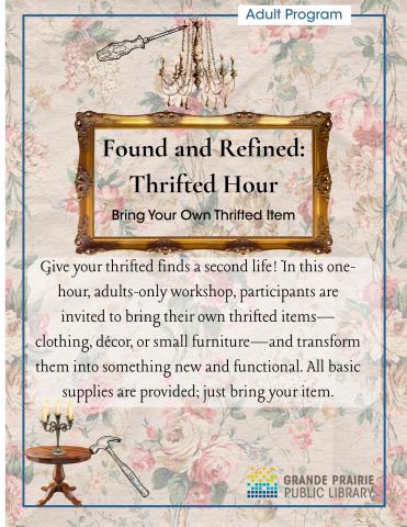 Bring your thrifted item to upcycle. Materials for upcycling will be provided. Date: Tuesday, August 5 Time: 11 AM - 12 PM Location: Willie Janssen Discovery Room