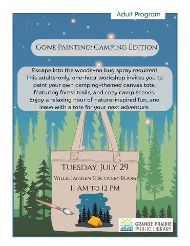 Camping themed tote bags. Join to paint your personal tote bag so it's ready for camping! Location: Willie Janssen Discovery Room Date: Tuesday, July 29 Time: 11 AM - 12 PM