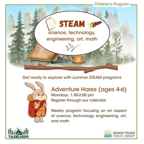 rabbit with backpack on a forest background, Adventure Hares STEAM for ages 4-6, Mondays from 1:30-2:00 pm, registration required
