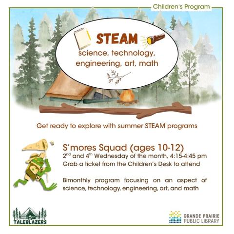 frog with a bug net chasing a butterfly on a forest background, S'mores Squad STEAM for ages 10-12, 2nd and 4th Wednesday of the month, 4:15-4:45 pm, grab a ticket at the children's desk to attend