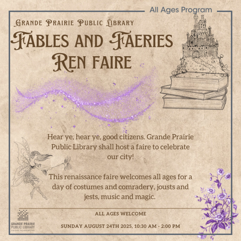 Fables and Faeries Ren Faire poster, castle located on a stack of books,  Sunday August 24th 10:30 am to 2:00 pm