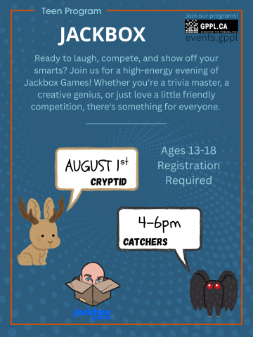 A jackalope and mothman reveal their answers to a fun thing to do on August 1st: join us in the Willie Janssen room to play Jackbox!