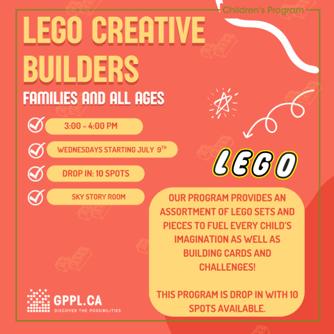 Our program provides an assortment of LEGO sets and pieces to fuel every child’s imagination as well as building cards and challenges!  This program is drop in with 20 spots available.