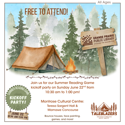 tent and campfire against a forest background, free to attend kickoff party with bounce houses, face painting, games, and more on Sunday June 22nd from 10:30am to 1:00 pm in the Teresa Sargent Hall and Mamawe Concourse