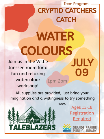 Water colour splashes show that out program starts on July 9th at 1pm in the Willie Janssen Discovery Room