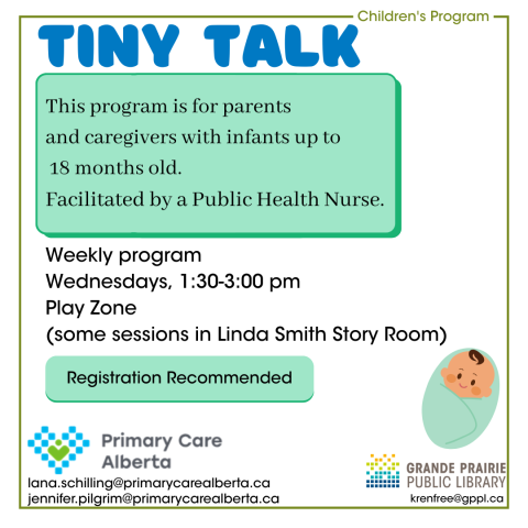 poster for tiny talk with blue text and swaddled baby image, in partnership with Primary Care Alberta
