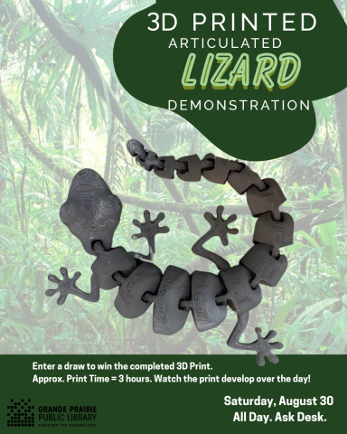 poster featuring a picture of a 3d printed lizard with all the program detail text on it
